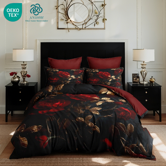 JOLOSERE Luxurious Rose Floral Comforter Queen Set, 3-Piece Vintage Soft Red Rose Bedding Comforter Set for Adults All Season