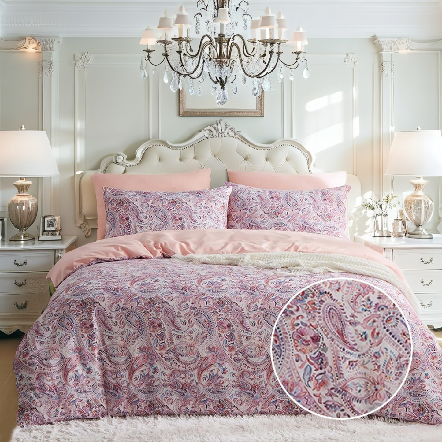 JOLUSERE 3-Piece Boho Vintage Pink Duvet Cover Queen Set, Soft Reversible Classical Bedding Set for All Seasons