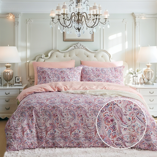 JOLUSERE 3-Piece Boho Vintage Pink Duvet Cover Queen Set, Soft Reversible Classical Bedding Set for All Seasons