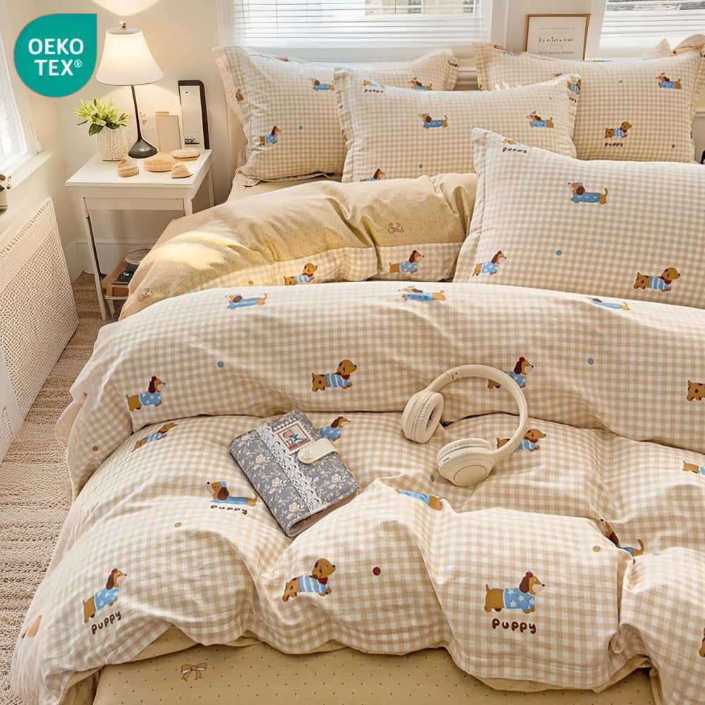 JOLUSERE 2-Piece Beige Gingham Puppy Pattern Comforter Twin Set , Soft Blue Dachshund Bedding Set for Kids Adults