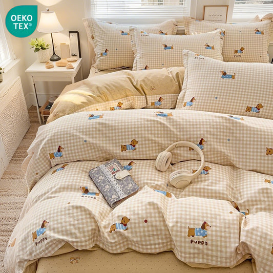 JOLUSERE 2-Piece Beige Gingham Puppy Pattern Comforter Twin Set , Soft Blue Dachshund Bedding Set for Kids Adults