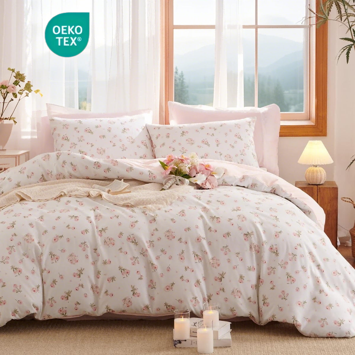 JOLUSERE Pink loyalty Floral Comforter Twin Sets, 2 Pieces Chic Botanical Pink White Floral Reversible Comforter for All Season