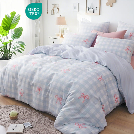 JOLUSERE 3-Piece Blue Gingham Pink Bow Comforter Full Set , Soft Grid Dorm Bedding Set for Kids Adults