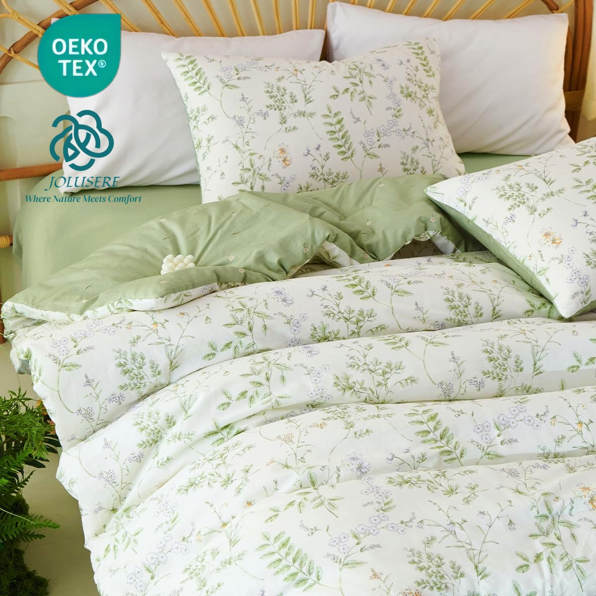 JOLUSERE Green Floral White Comforter King Sets, 3 Pieces Chic Garden Style Botanical Purple Floral Reversible Comforter for All Season