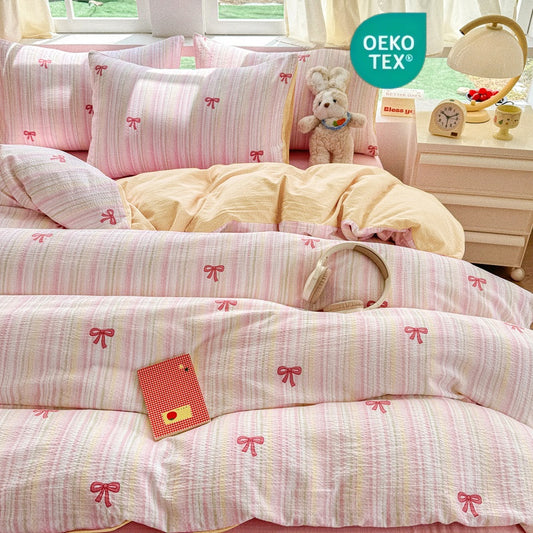 JOLUSERE 2-Piece Colourful Striped Girls Duvet Cover Twin Set, Reversible Pink Bows Soft Bedding Sets for Kids