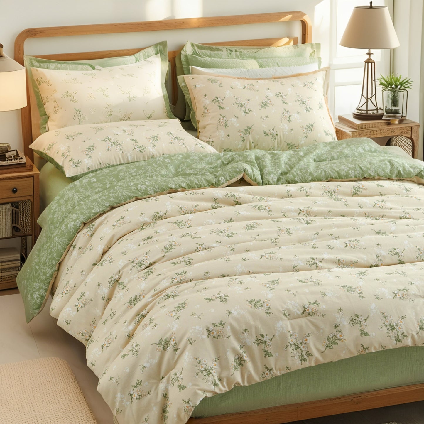 JOLUSERE Beige Green Floral Full Cotton Comforter Set, 3-Piece Farmhouse Chic Style Reversible Soft Bedding Set for Adults All Season