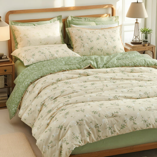 JOLUSERE Beige Green Floral Full Cotton Comforter Set, 3-Piece Farmhouse Chic Style Reversible Soft Bedding Set for Adults All Season
