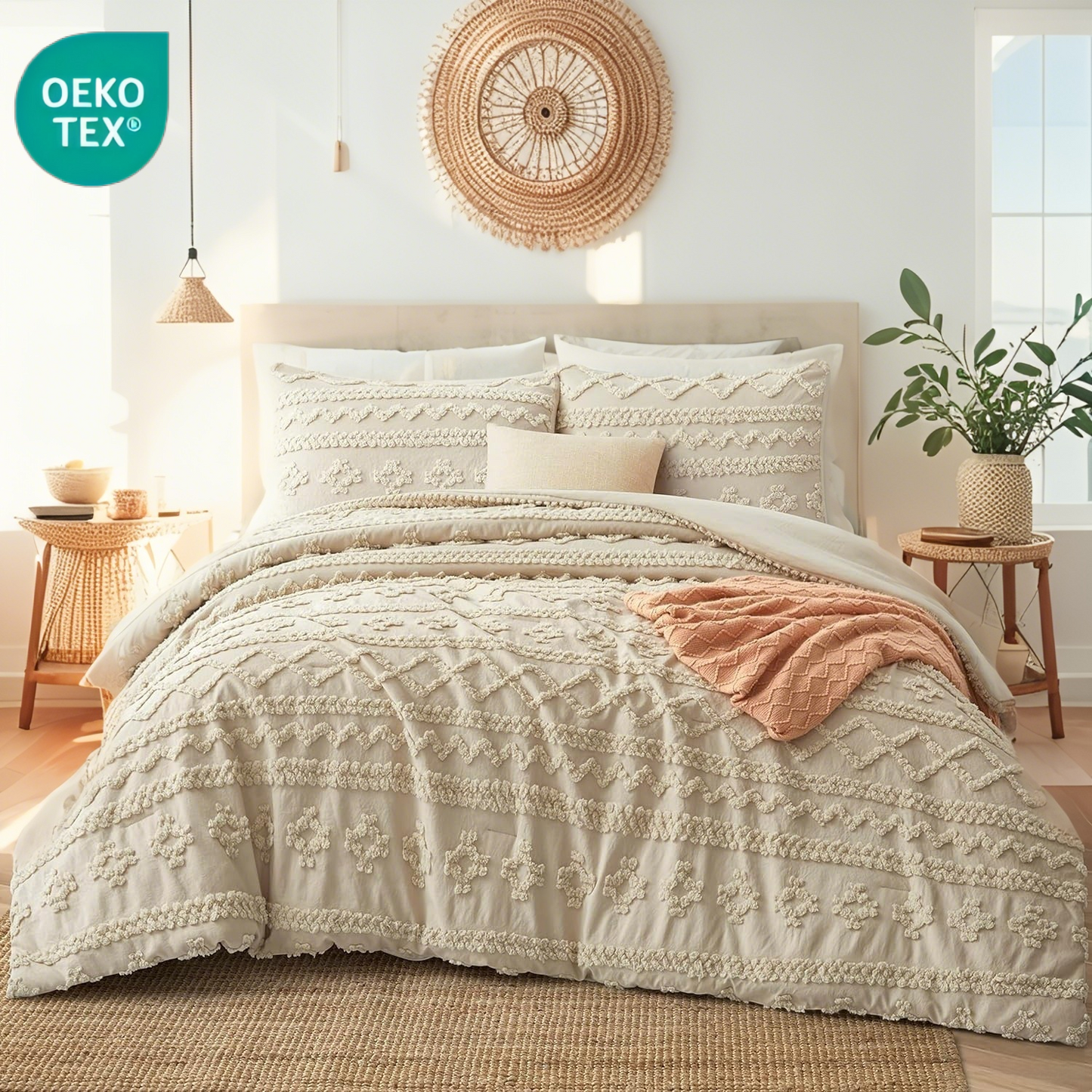 JOLUSERE Jacquard Sandflow Pattern Tufted Duvet Cover Queen Set, 3 Pieces Boho Ultra Soft Embroidery Bedding Set, Beige