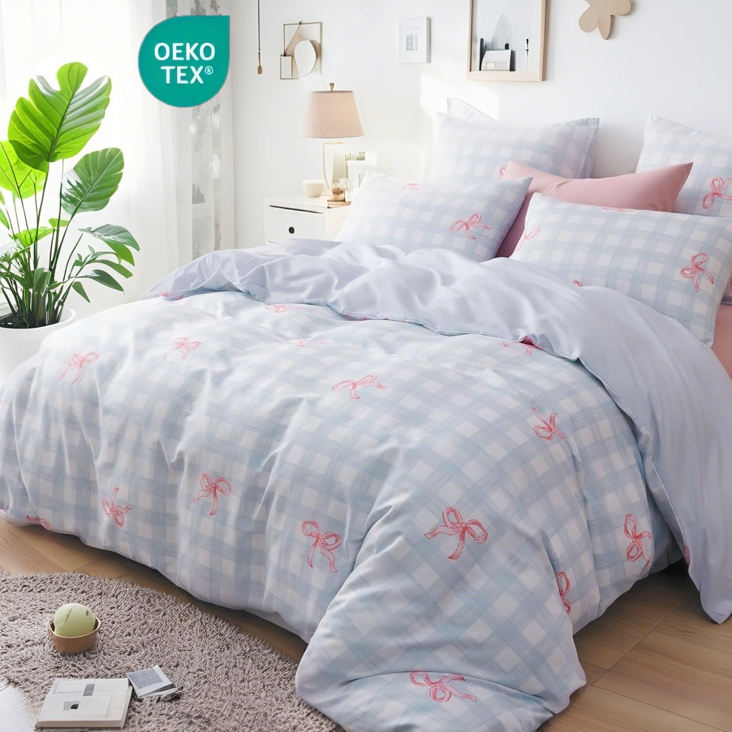 JOLUSERE 2-Piece Blue Gingham Pink Bow Comforter Twin Set , Soft Grid Dorm Bedding Set for Kids Adults