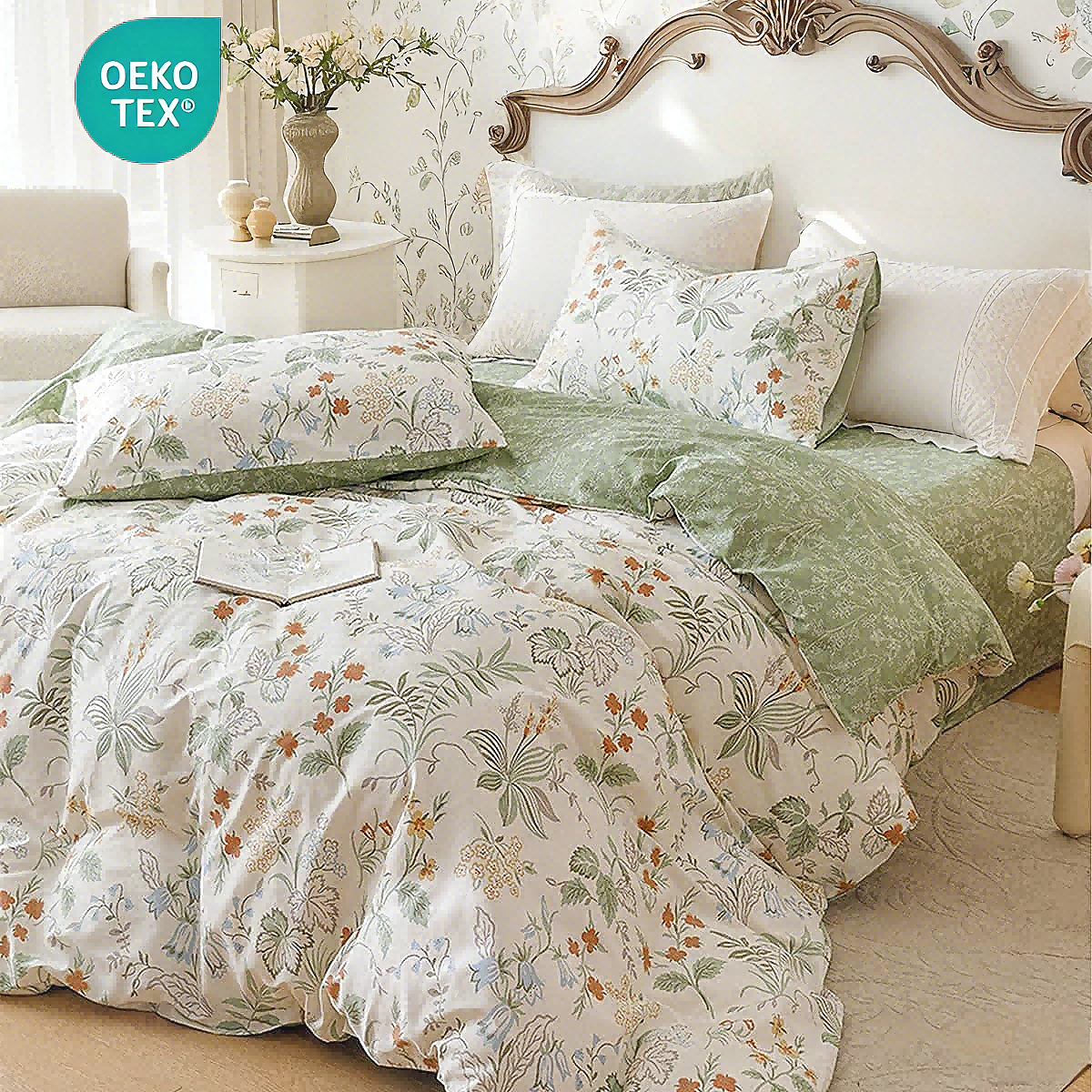Jolusere Green Leaves King Comforter Sets, 3 Pieces Chic Garden Style Botanical Floral Reversible Bedding Sets for Adults All Season