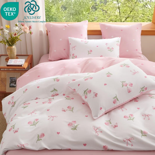 JOLUSERE Pink Tulip Full Comforter Set, 3-Piece Pink Flowers Reversible Soft Bedding Set or Adults All Season