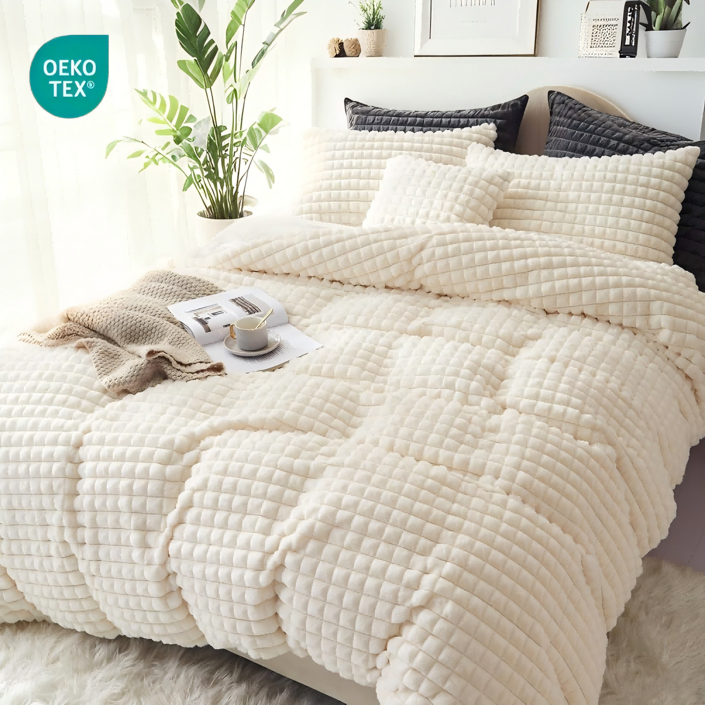 JOLUSERE Checkered Geometric Fluffy White Duvet Cover King Set,3-Piece Super Soft Faux Rabbit Fur Winter Warm Fuzzy Bedding Set