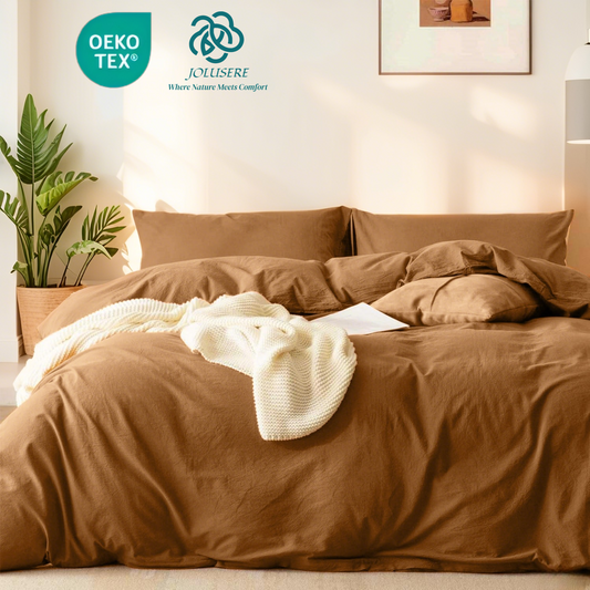 JOLUSERE 100% Organic Yarn-Dyed Cotton Duvet Cover King Set, 3 Pieces Cotton Bedding Duvet Cover,Ultra Soft & Fade Resistant,Caramel