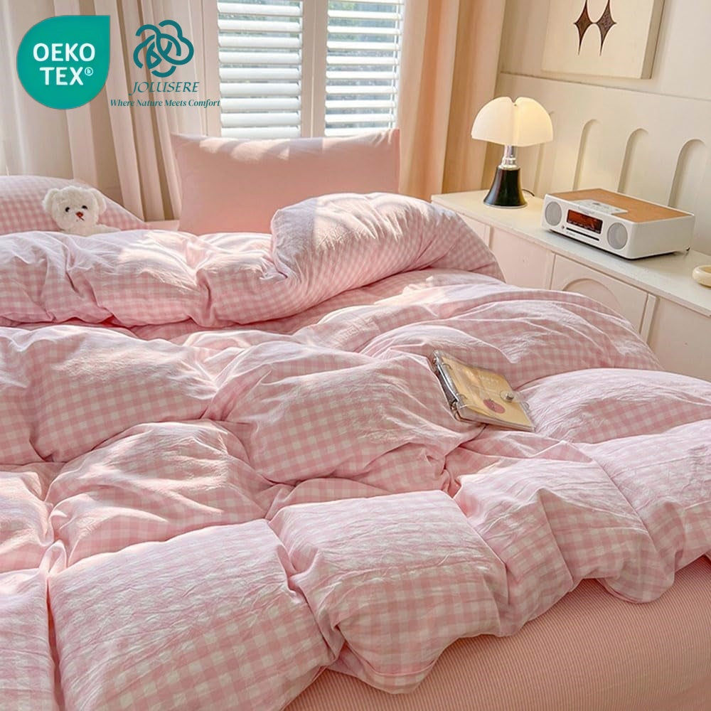JOLUSERE Soft Pink White Plaid Comforter King Sets, 3 Pieces Breathable Plaid Buffalo Checkered Comforter for All Season