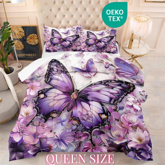 OMELA Purple Butterfly Comforter Set Queen Size,3 Pcs Chic Floral Purple Butterfly Thick Comforter Set for Girls Women Adults All Season