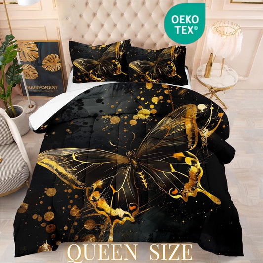 OMELA Black Gold Butterfly Comforter Set Queen Size,3 Pcs Aesthetics Gold Butterfly Black Starry Sky Galaxy Bedding Comforter Set for Kids Boys Adults All Season