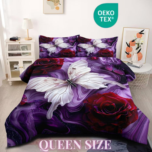OMELA Butterfly Roses Comforter Set Queen Size, 3 Pcs Romantic Rose Butterfly Purple Marble Thick Comforter Set for Girls Women Adults All Season