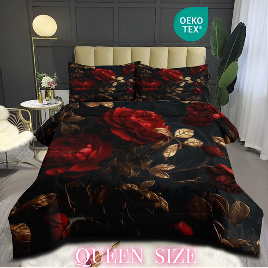 OMELA Luxurious Rose Floral Comforter Set Queen Size, 3 Pcs Vintage Soft Red Rose Gold Leaves Thick Bedding Comforter Set for Women Adult All Season