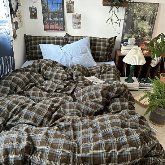 JOLUSERE Blue Brown Plaid Duvet Cover Full Set, 3-Piece Vintage Grid Checkered Pattern Soft Comforter Cover