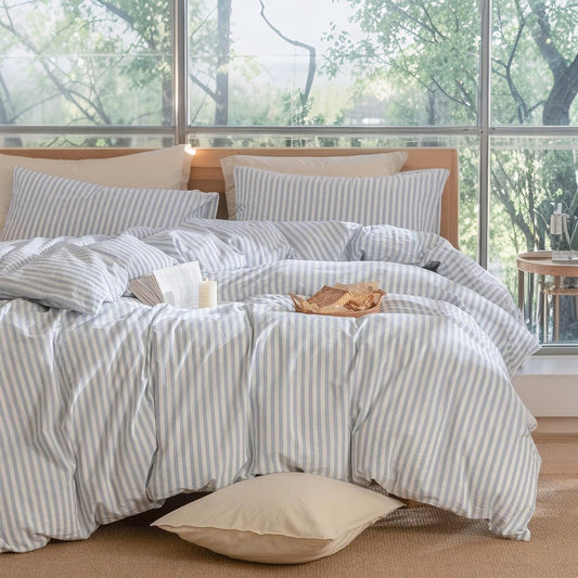 JOLUSERE 100% Organic Cotton Striped Duvet Cover Full Set, 3-Piece Linen Like Textured Breathable Bedding Cover（Cornflower Blue& White Classic Stripes）