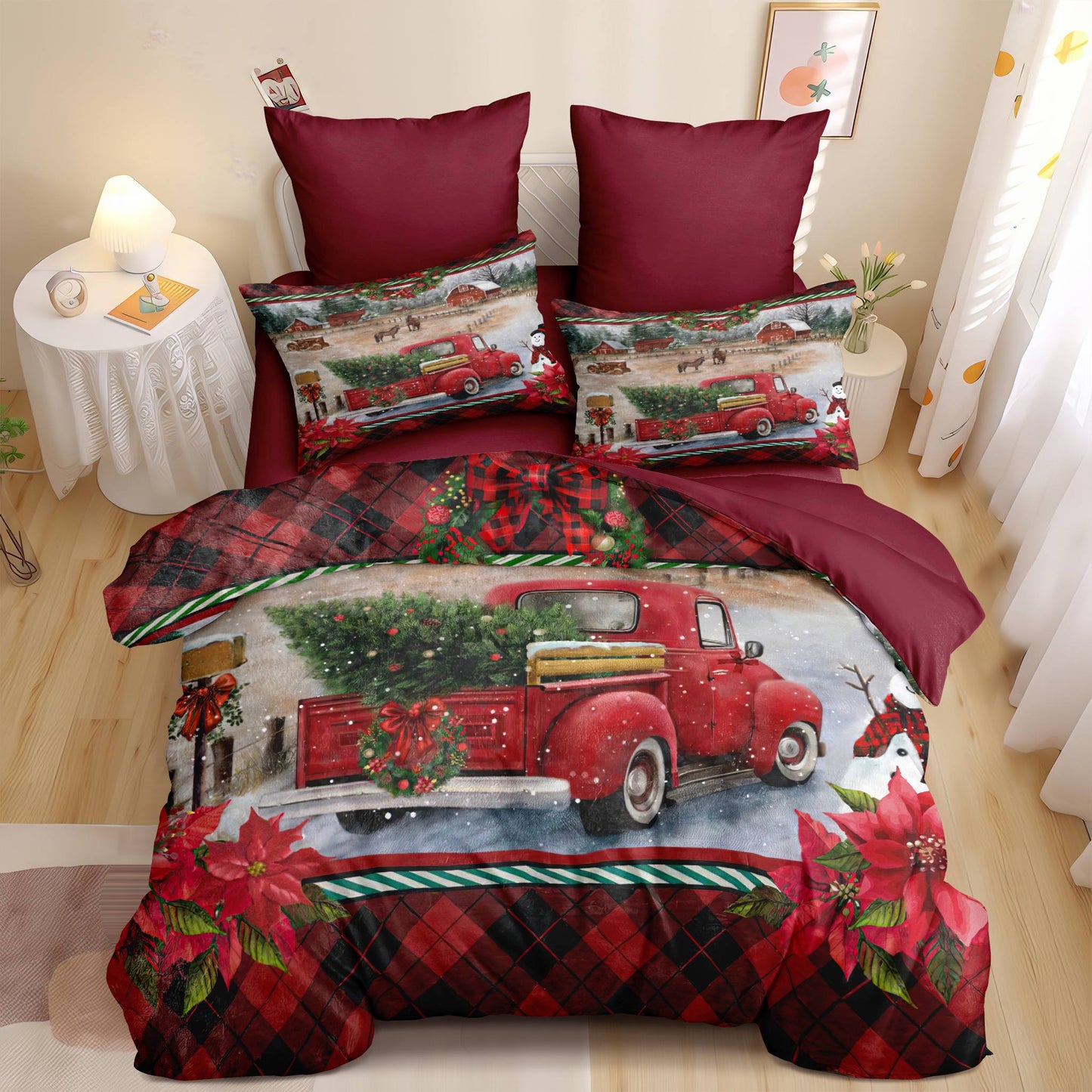 JOLUSERE Christmas Comforter Queen Set,3 Pcs Red Truck Christmas Pine Tree Farmhouse Village Country Style Bedding Set for All Season