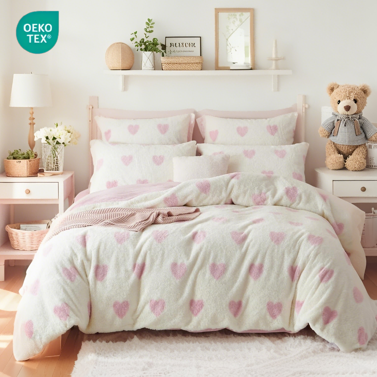 JOLUSERE Fluffy Flannel Duvet Cover Queen Set, 3-Piece Faux Rabbit Fur Luxury Cozy Warm Winter Bedding Set,Pink Heart White