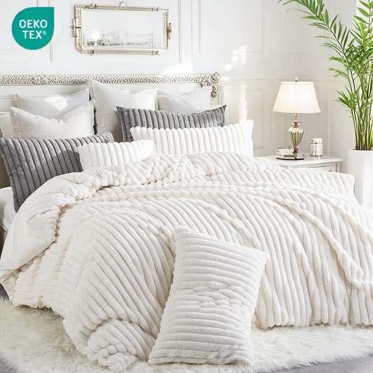 JOLUSERE Creamy White Fluffy Striped Duvet Cover King Set, 3-Piece Super Soft Faux Rabbit Fur Winter Warm Fuzzy Comforter Cover