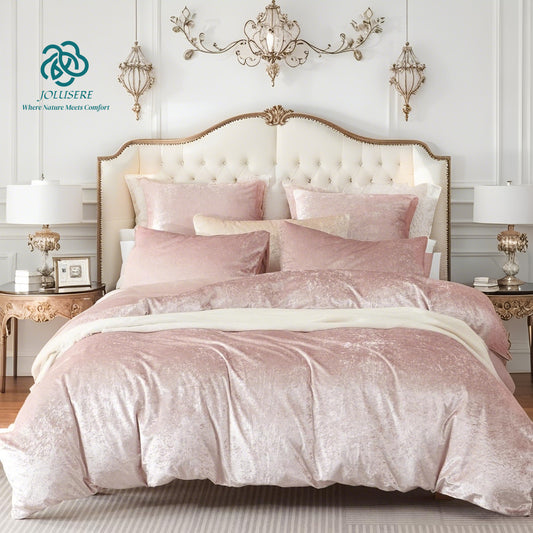 JOLUSERE Cozy Velvet Comforter Queen Set，Luxury 3-Piece Winter Fluffy Shiny Flannel Warm Reversible Comforter Set, Shiny Pink