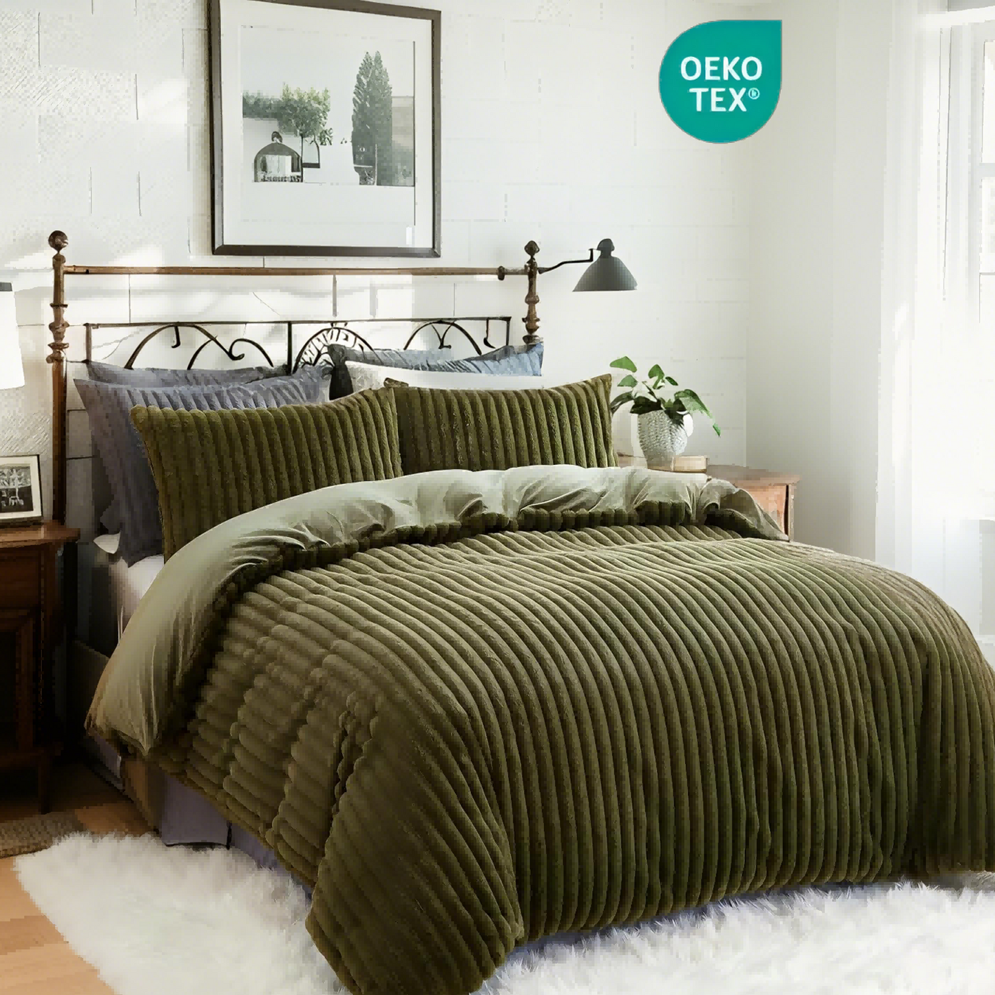 JOLUSERE Olive Green Fluffy Striped Duvet Cover Queen Set, 3-Piece Super Soft Faux Rabbit Fur Winter Warm Fuzzy Comforter Cover
