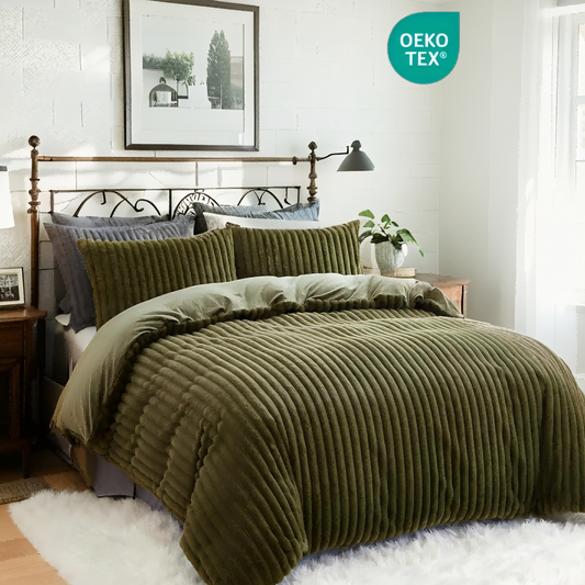 JOLUSERE Olive Green Fluffy Striped Duvet Cover Queen Set, 3-Piece Super Soft Faux Rabbit Fur Winter Warm Fuzzy Comforter Cover