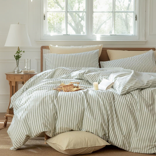 JOLUSERE 100% Organic Cotton Striped Duvet Cover Queen Set, 3-Piece Linen Like Textured Breathable Bedding Cover(Sage Green& White Classic Stripes)