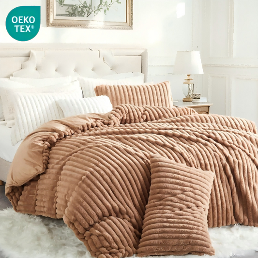 JOLUSERE Khaki Fluffy Striped Duvet Cover Queen Set, 3-Piece Super Soft Faux Rabbit Fur Winter Warm Fuzzy Comforter Cover