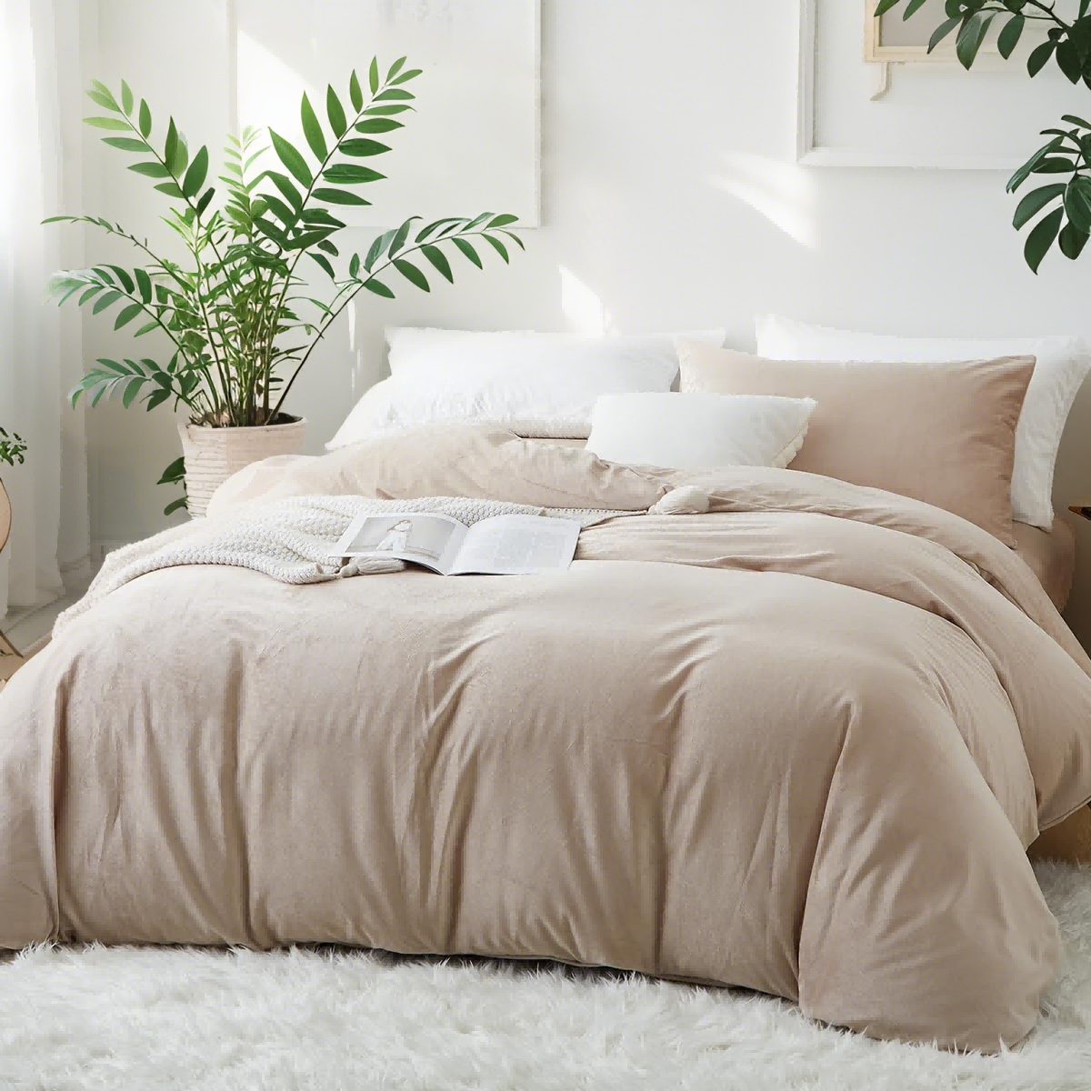 JOLUSERE Oatmeal Beige Velvet Duvet Cover Queen Set, 3-Piece Ultra Soft Fluffy Flannel Winter Bedding Cover