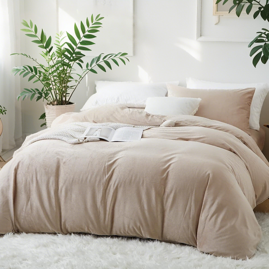 JOLUSERE Oatmeal Beige Velvet Duvet Cover Queen Set, 3-Piece Ultra Soft Fluffy Flannel Winter Bedding Cover