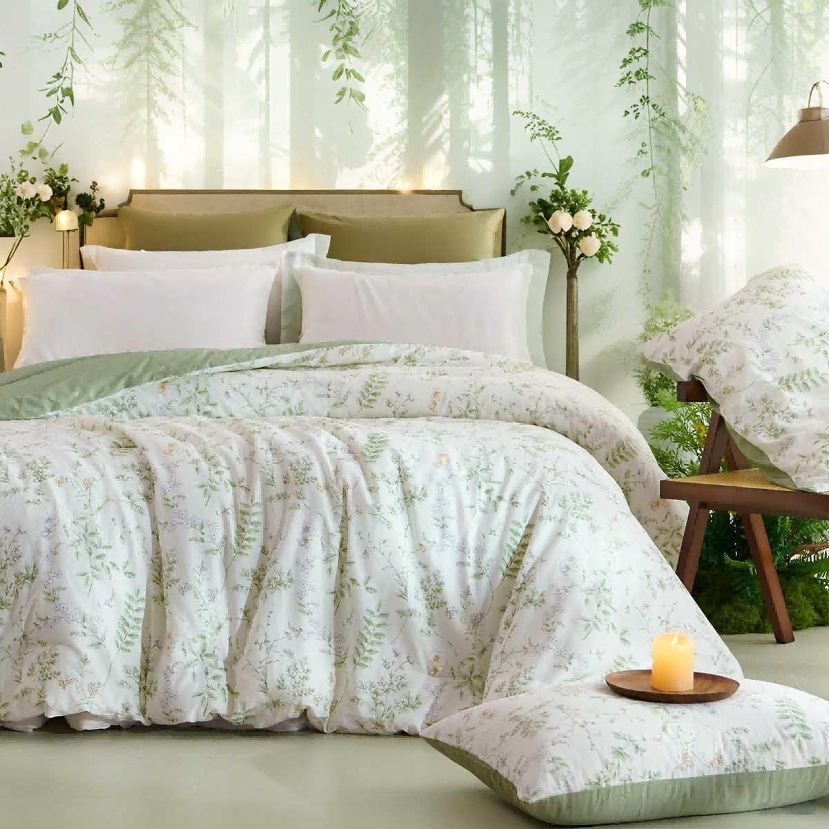 JOLUSERE Green Floral White Comforter King Sets, 3 Pieces Chic Garden Style Botanical Purple Floral Reversible Comforter for All Season