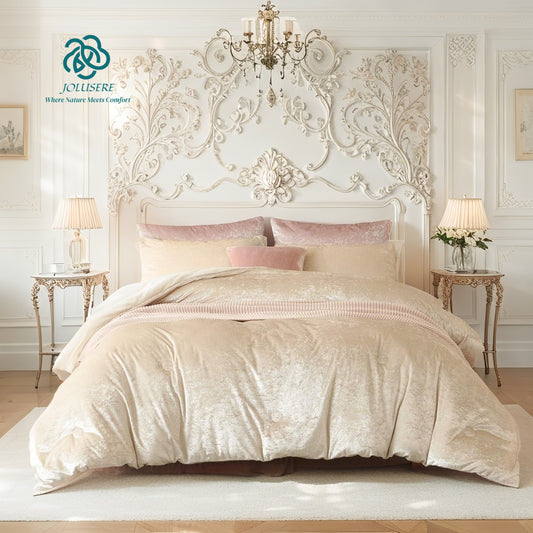 JOLUSERE Cozy Velvet Comforter King Set，Luxury 3-Piece Winter Fluffy Shiny Flannel Warm Reversible Comforter Set，Champagne Gold