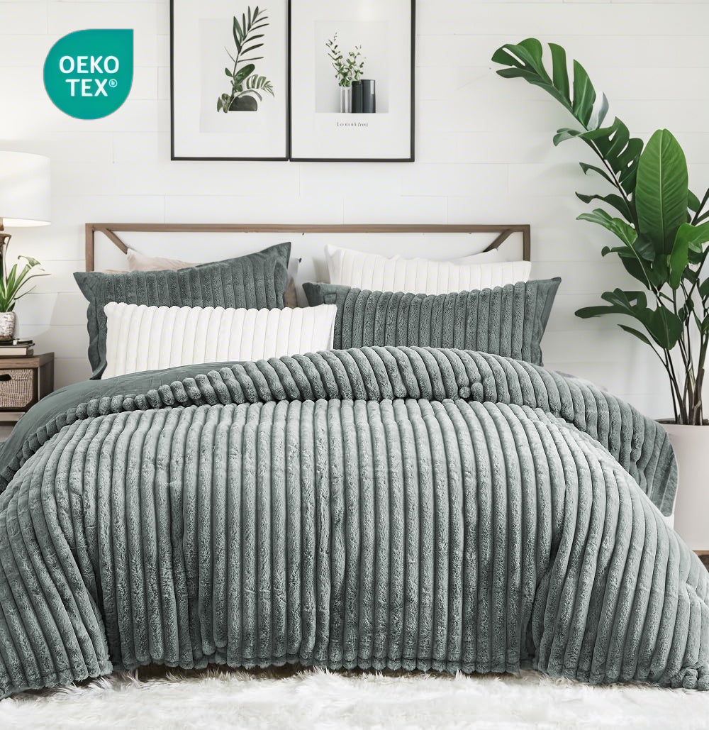 JOLUSERE Dark Gray Fluffy Striped Duvet Cover Queen Set, 3-Piece Super Soft Faux Rabbit Fur Winter Warm Fuzzy Comforter Cover