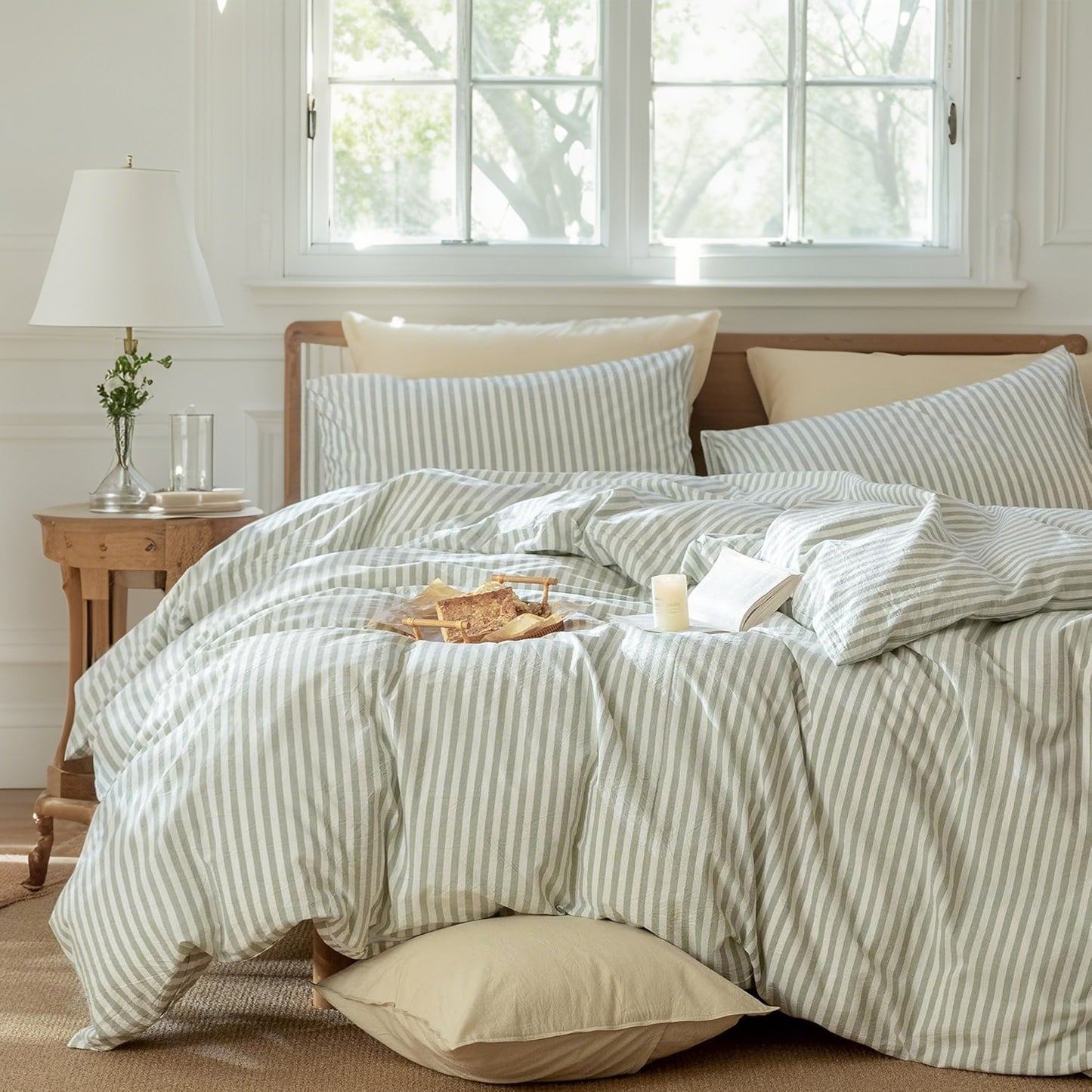 JOLUSERE 100% Organic Cotton Striped Duvet Cover Full Set, 3-Piece Linen Like Textured Breathable Bedding Cover(Sage Green& White Classic Stripes)