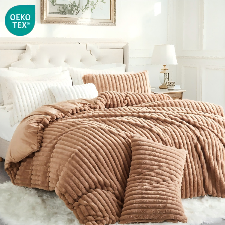 JOLUSERE Khaki Fluffy Striped Duvet Cover King Set, 3-Piece Super Soft Faux Rabbit Fur Winter Warm Fuzzy Comforter Cover