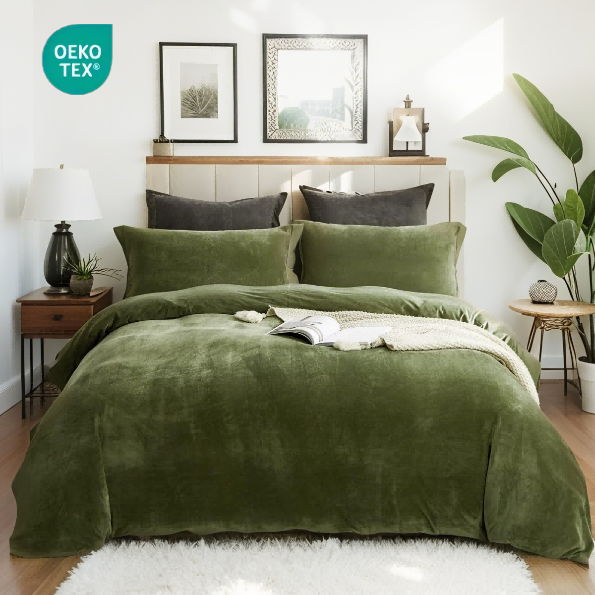 JOLUSERE Olive Green Velvet Duvet Cover Queen Set, 3-Piece Ultra Soft Fluffy Flannel Winter Bedding Cover