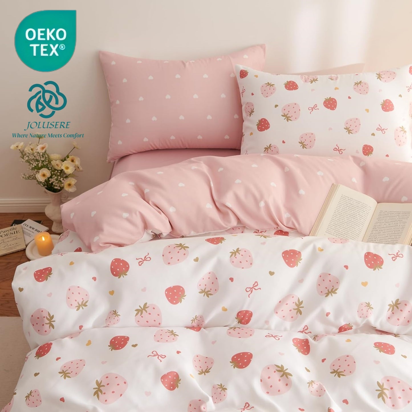 JOLUSERE 2-Piece Pink White Strawberry Comforter Twin Set,Soft Bedding Set for Kids Adults