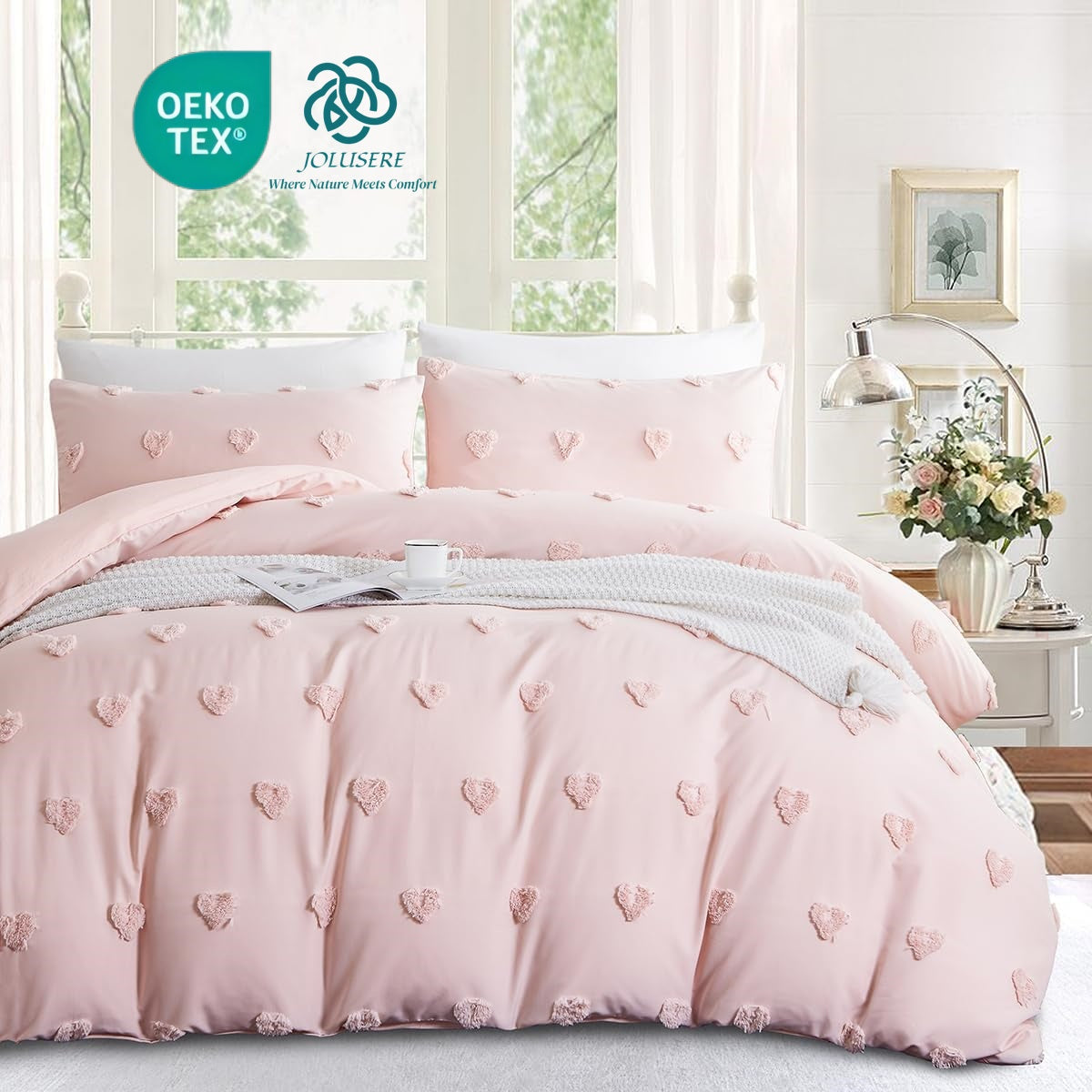 JOLUSERE Pink Tufted Heart Dot Duvet Cover Queen Set, 3 Pieces Ultra Soft Jacquard Embroidery Shabby Chic Bedding Set for All Season