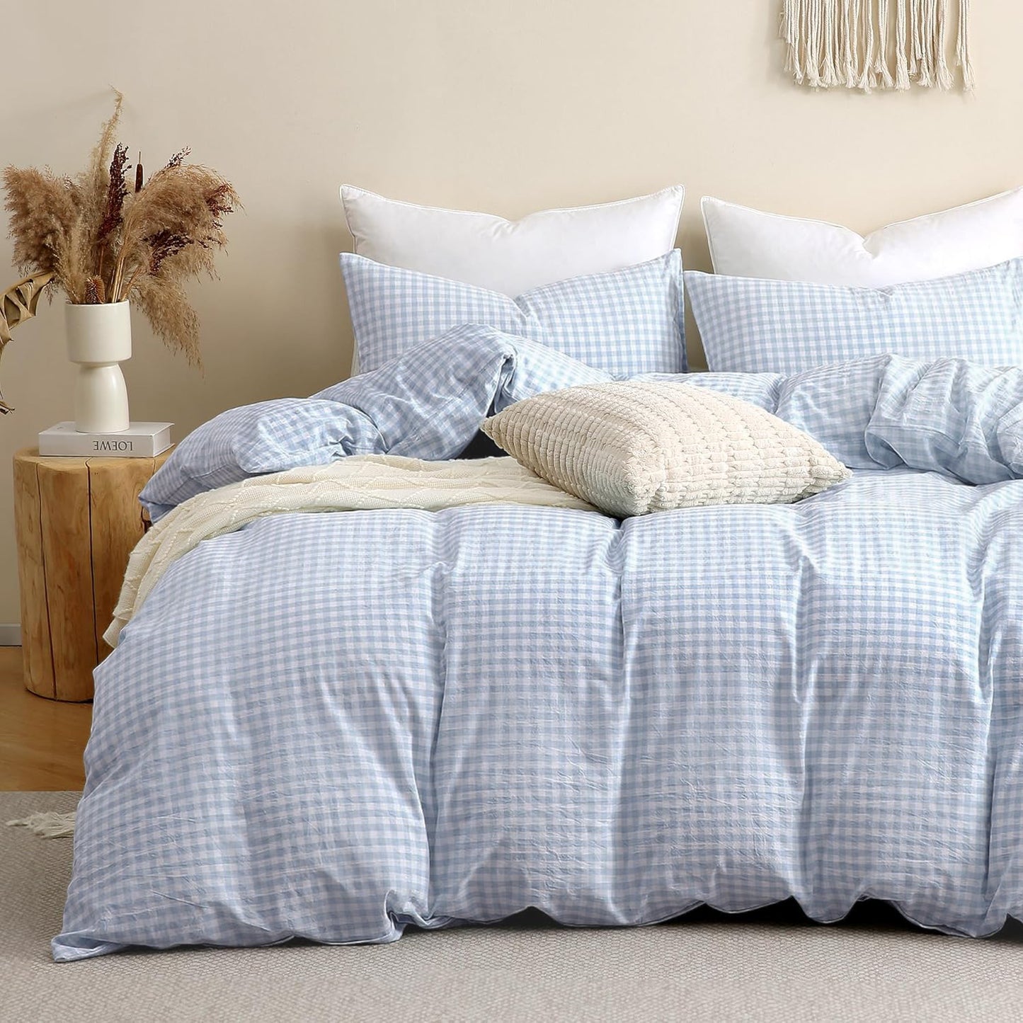 JOLUSERE 3-Piece Soft Breathable Gingham Duvet Cover Full Set，Blue White Plaid Checkered Bedding Cover