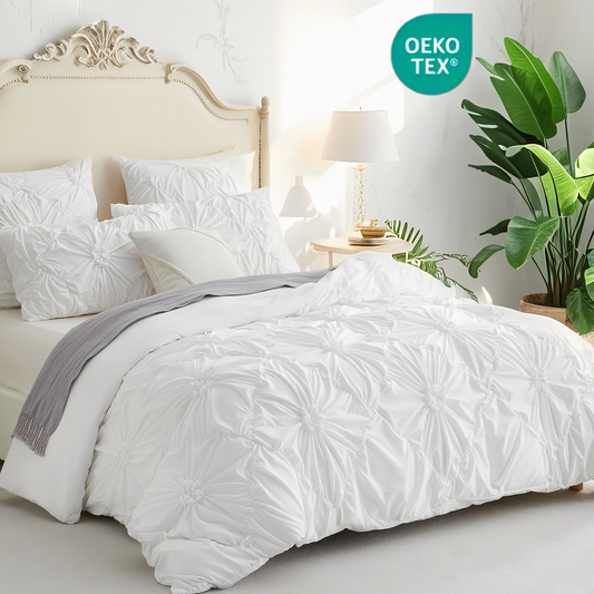 JOLUSERE Rustic French Style White Duvet Cover Sets King Size, Textured Flower Pinch Pleated Solid Luxury Bedding Sets