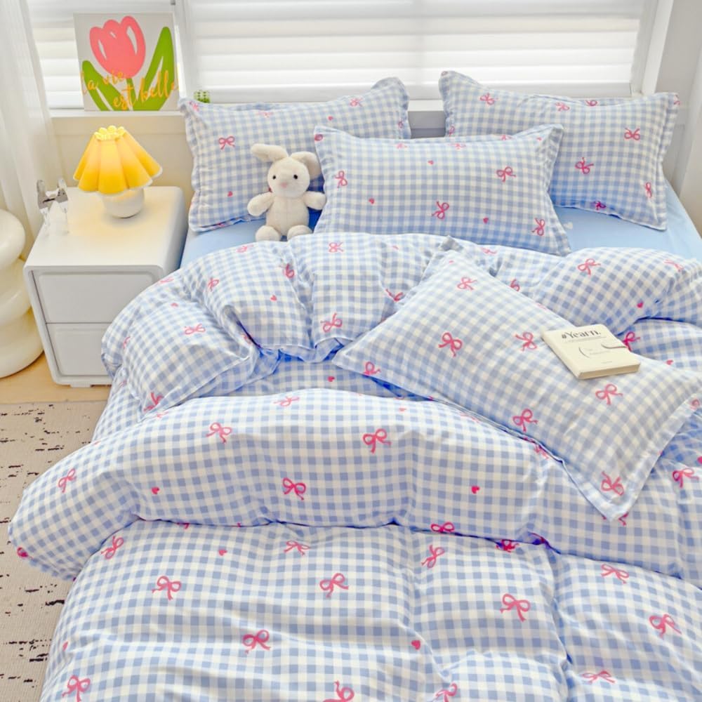 JOLUSERE 3-Piece Blue Plaid Pink Bows Comforter Queen Set , Cute Soft Bedding Set for Kids Adults