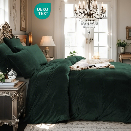 JOLUSERE Dark Green Velvet Duvet Cover King Set, 3-Piece Ultra Soft Fluffy Flannel Winter Bedding Cover