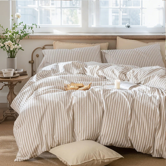 JOLUSERE 100% Organic Cotton Striped Duvet Cover Full Set, 3-Piece Linen Like Textured Breathable Bedding Cover（Beige& White Classic Stripes）