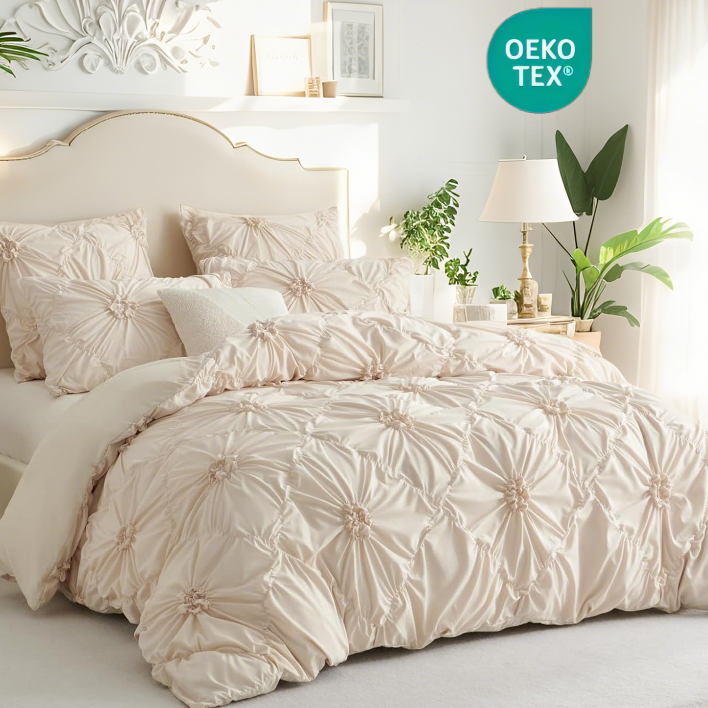 JOLUSERE Rustic French Style Beige Duvet Cover Sets Queen Size, Textured Flower Pinch Pleated Solid Luxury Bedding Sets