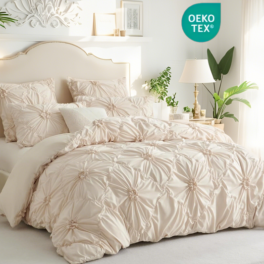 JOLUSERE Rustic French Style Beige Duvet Cover Sets Queen Size, Textured Flower Pinch Pleated Solid Luxury Bedding Sets