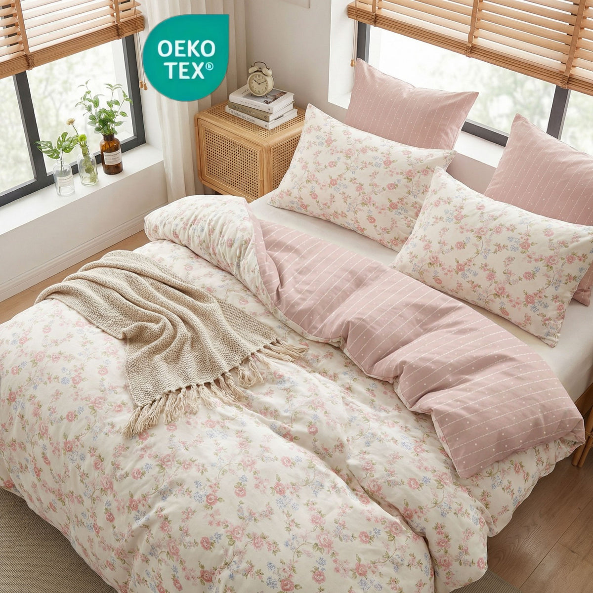 JOLUSERE 3-Piece Pink Blue Floral Reversible Comforter Queen Set, Soft Pink Striped Quilt Bedding Set for Adults